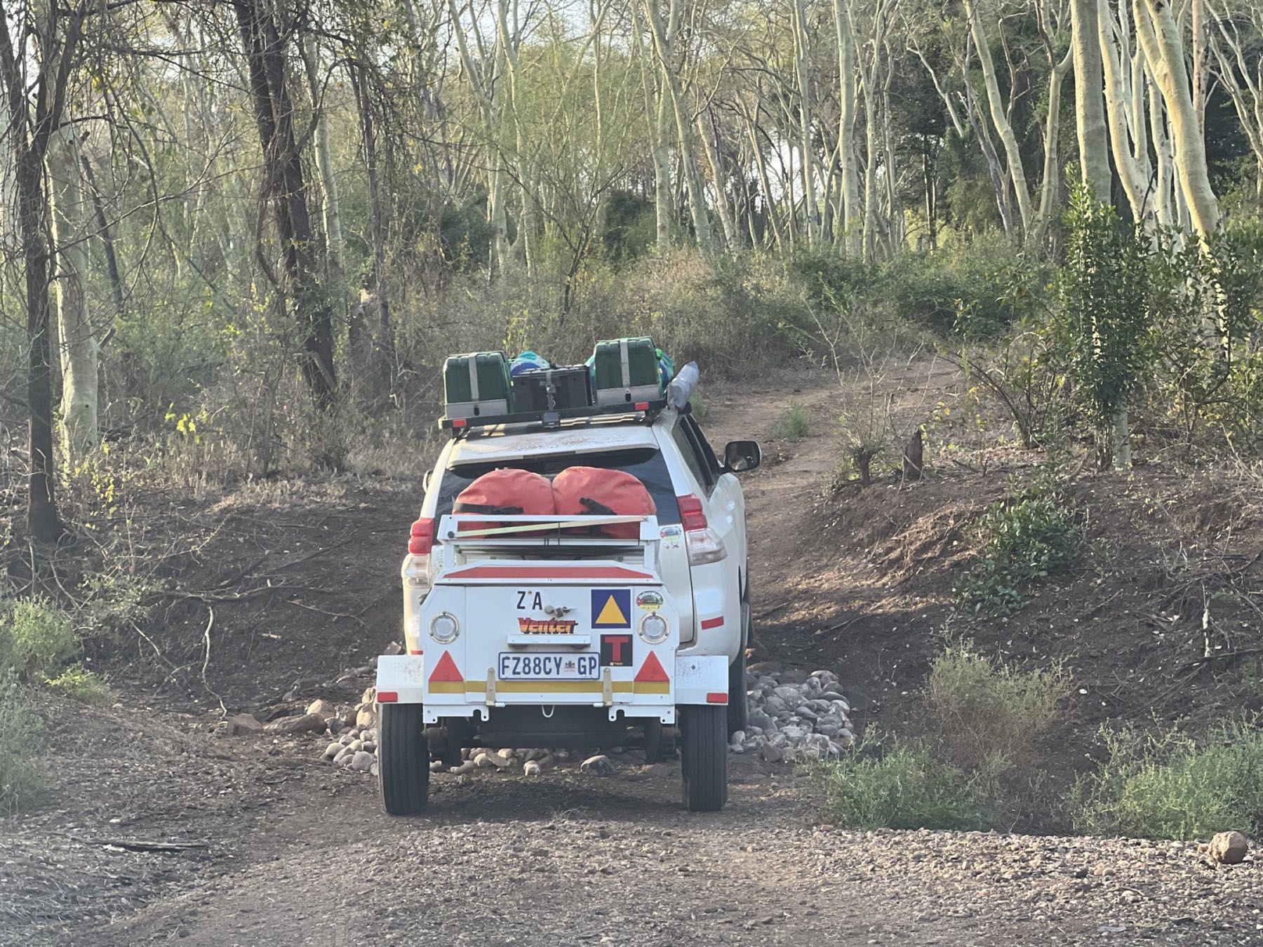 A loaded Mozguide 4×4 heading into the Pafuri fever-tree forest, Mozambique